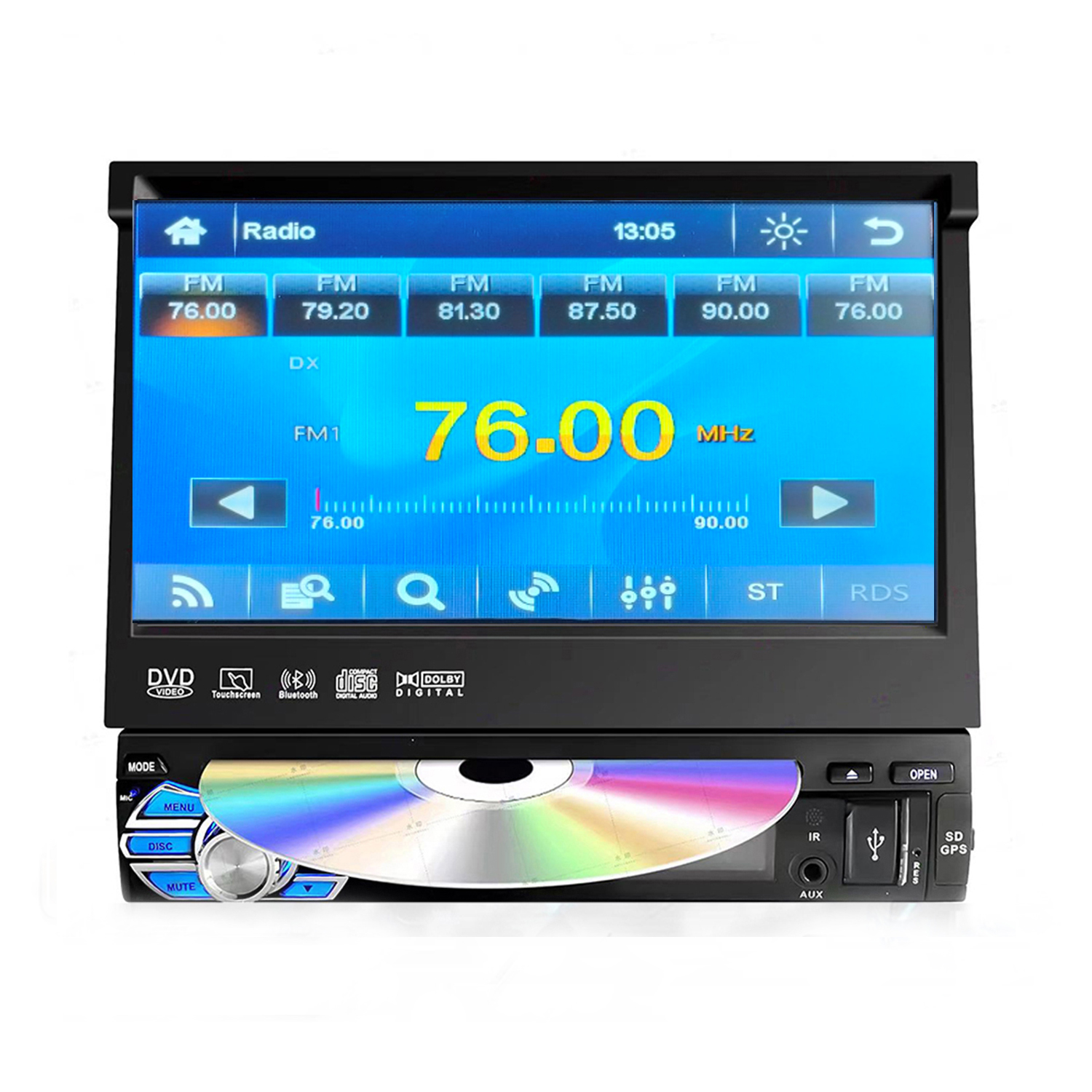 7" 1 Din Car DVD with Stretchable touch screen USB TF BT FM aux in colorful lights (Model 7100)